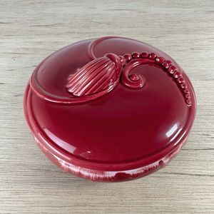 Vintage Porcelain Round Trinket Jewelry Box Red Tassel Decor Lid Drip Glaze 6.5"